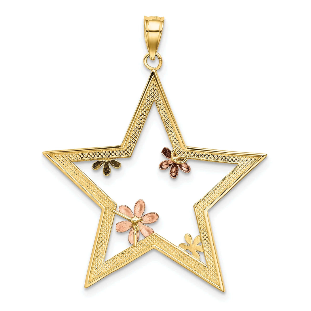 Lovely Rita's Pendants & Charms 14k Two Tone Gold White Rose Rhodium Open Back Polished Textured Finish Star with Flowers Charm Pendant