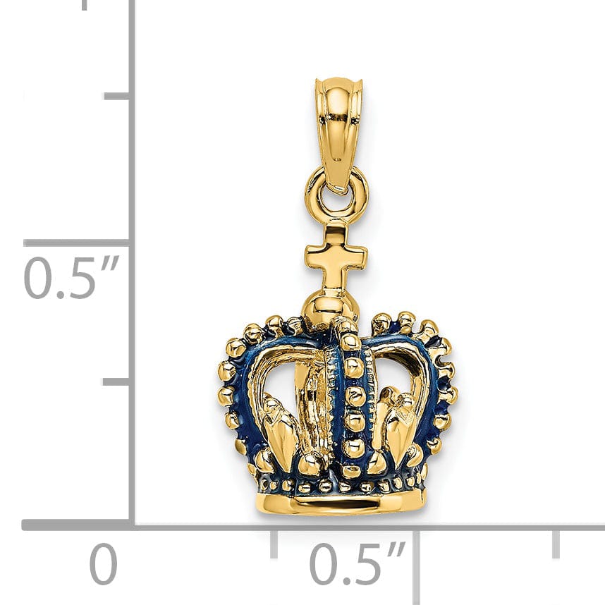 Lovely Rita's Pendants & Charms 14K Yellow Gold Polished Solid Blue Enamel Finish 3-Dimensional Beaded Design Crown with Cross on Top Charm Pendant