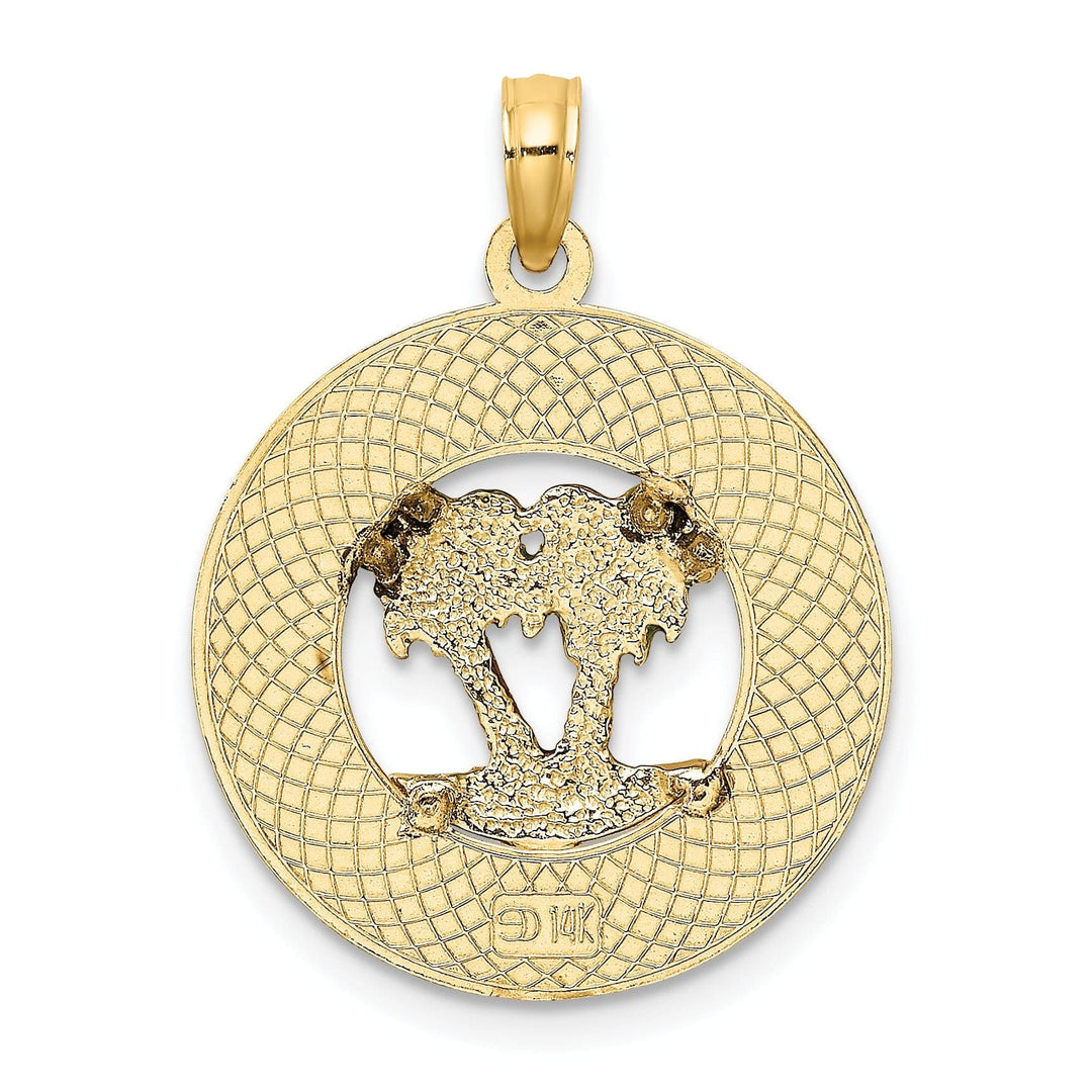 Lovely Rita's Pendants & Charms 14K Yellow Gold Polished Textured with Green Enamel Finish FLORIDA Double Palm Tree in Circle Design Charm Pendant
