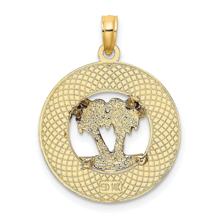 Lovely Rita's Pendants & Charms 14K Yellow Gold Polished Textured with Green Enamel Finish FLORIDA Double Palm Tree in Circle Design Charm Pendant