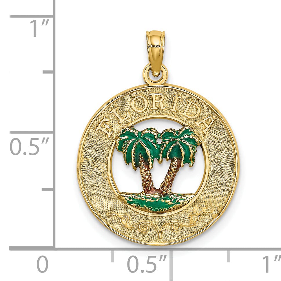 Lovely Rita's Pendants & Charms 14K Yellow Gold Polished Textured with Green Enamel Finish FLORIDA Double Palm Tree in Circle Design Charm Pendant