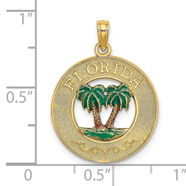 Lovely Rita's Pendants & Charms 14K Yellow Gold Polished Textured with Green Enamel Finish FLORIDA Double Palm Tree in Circle Design Charm Pendant
