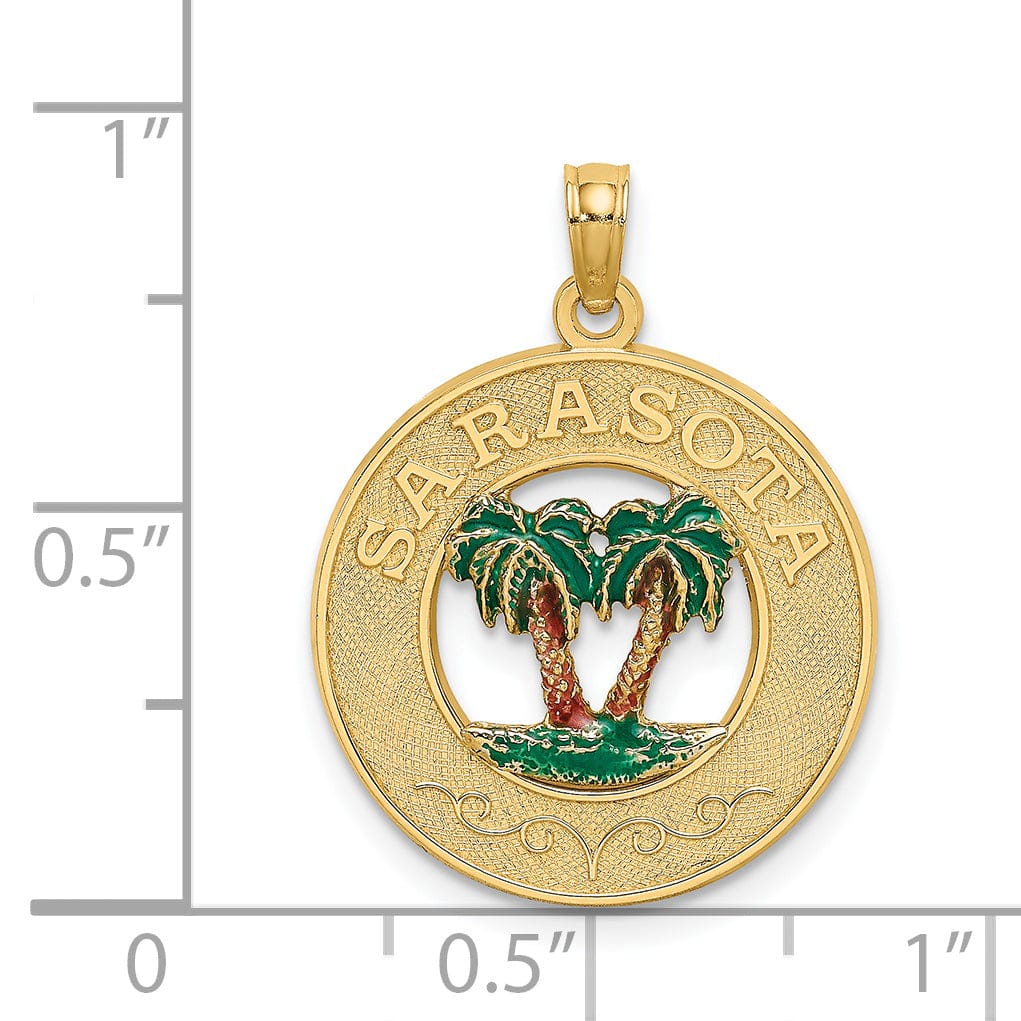 Lovely Rita's Pendants & Charms 14K Yellow Gold SARSOTA Double Palm Trees Circle Pendant