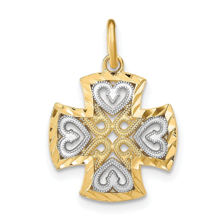 Lovely Rita's Pendants & Charms 14K Yellow Gold, White Rhodium Medium Size Filigree Polished Diamond Cut Finish Hearts Design Maltese Cross Pendant