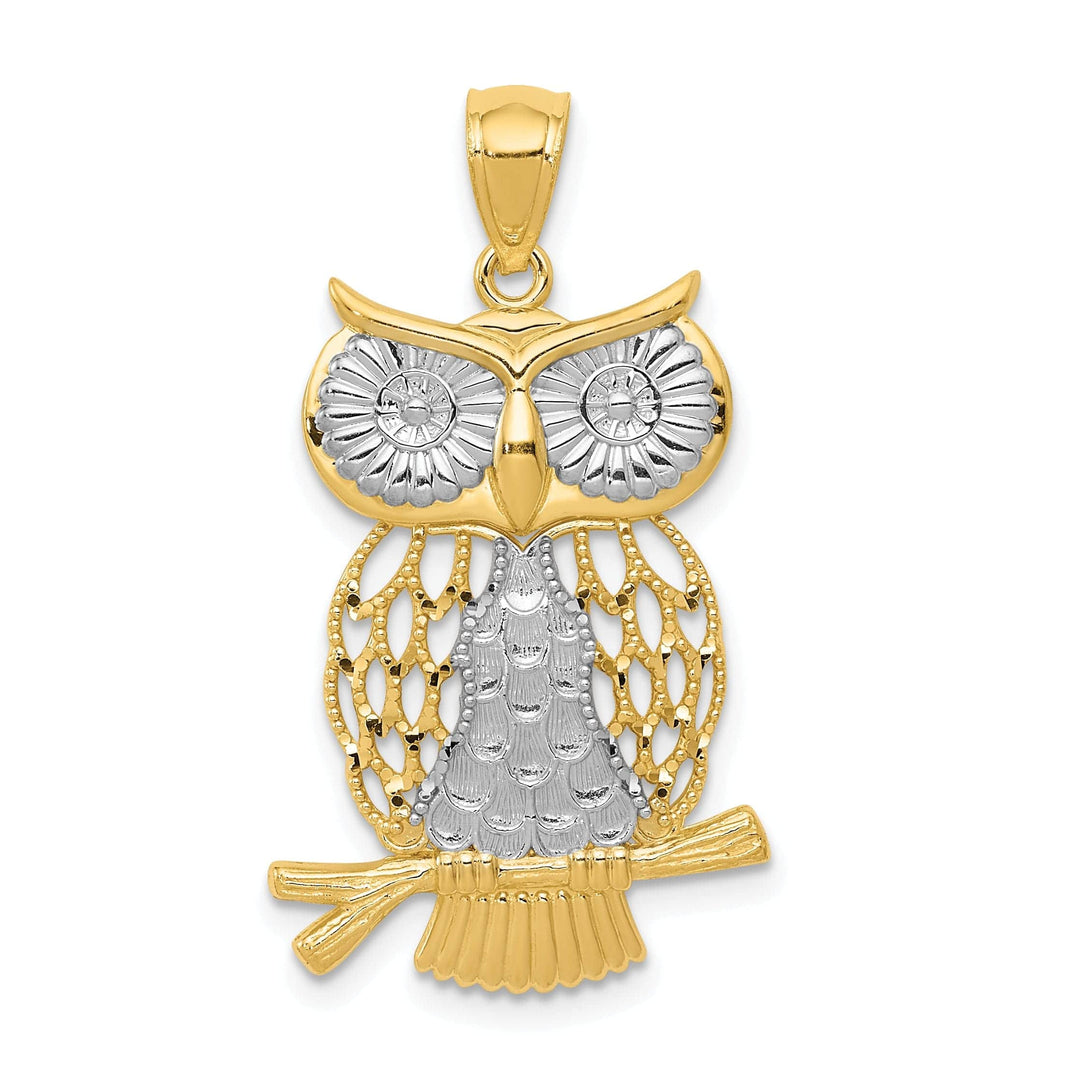 Lovely Rita's Pendants & Charms 14k Yellow Gold White Rhodium Open Back Diamond Cut Polished Finish Moveable Owl Charm Pendant
