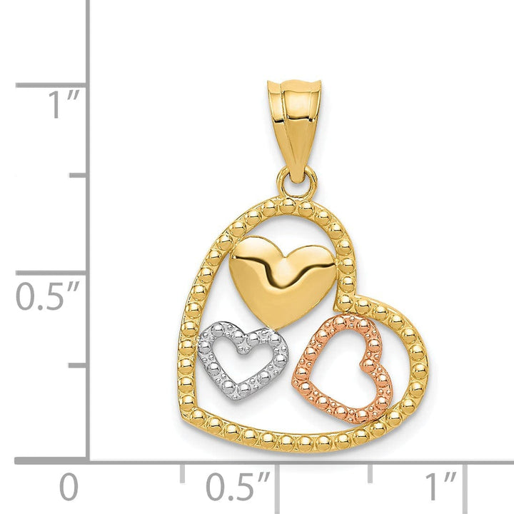 Lovely Rita's Pendants & Charms 14K Yellow, Rose Gold Rhodium Beaded Polished Finish Concave 3-Hearts Shape Design Pendant