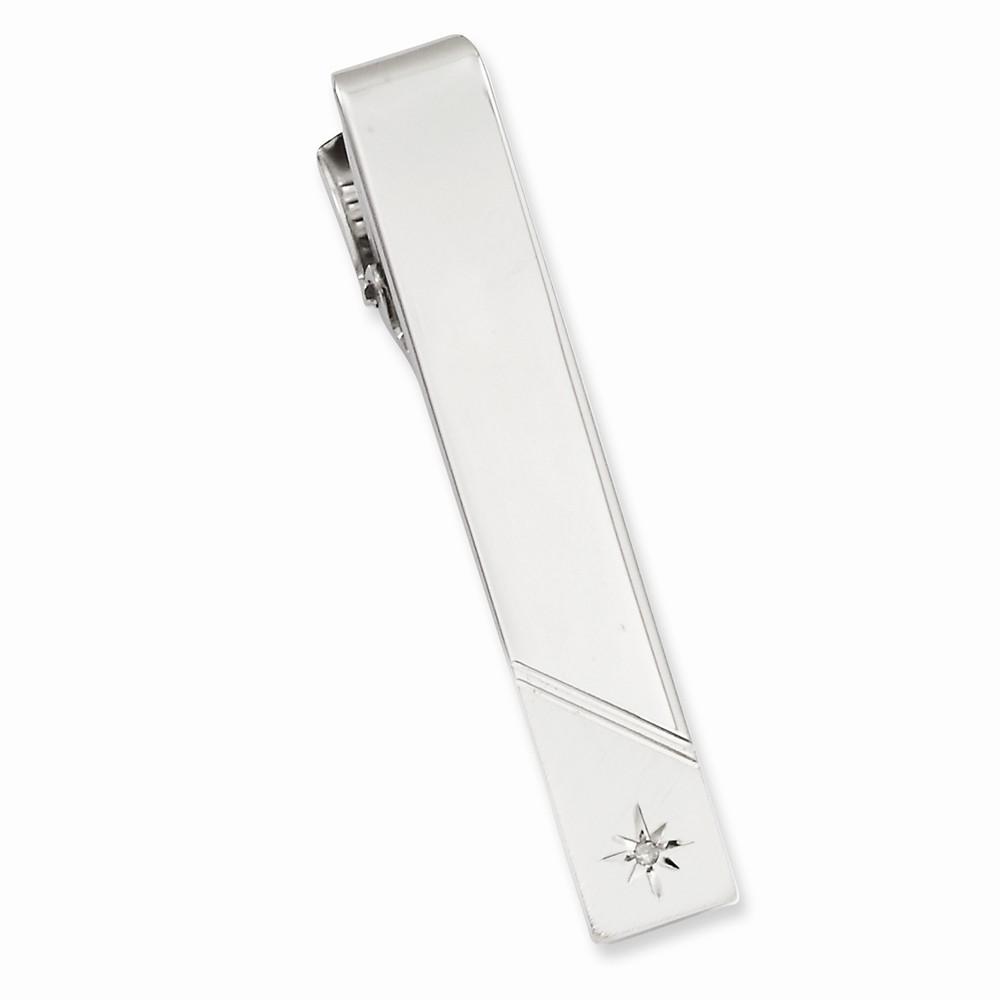 Jere Collection Tie Bar No Engraving White Rhodium Gold Plated Diamond Florentined Tie Bar