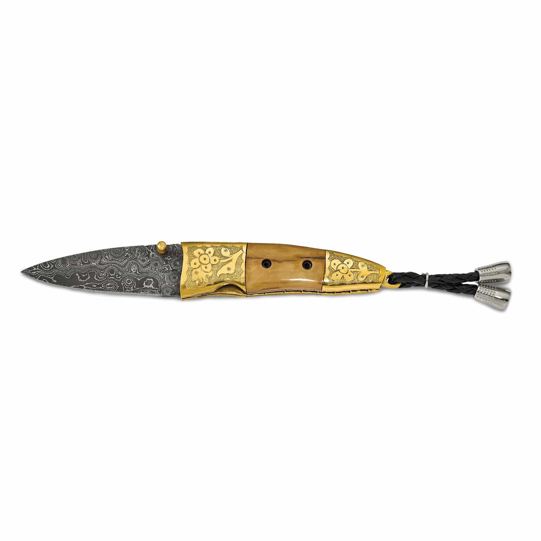 Lovely Rita's Woolly Mammoth Knives Damascus Steel 256 Layer Woolly Mammoth Tusk Ivory and Brass Handle Folding Knife