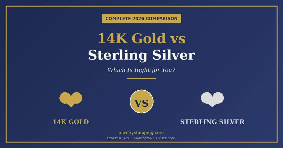14K gold vs sterling silver comparison guide showing gold heart pendant and sterling silver heart pendant from Lovely Rita's 2026 with VS center icon