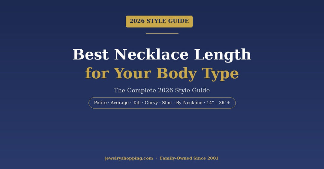 Best necklace length for your body type — 2026 style guide from Lovely Rita's showing necklace lengths for petite, tall, curvy, and slim body types plus standard chain lengths from choker (14 inches) to opera (36 inches)