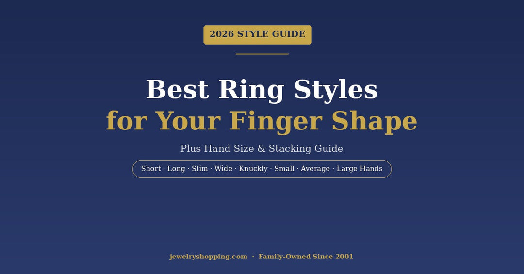Best ring styles for your finger shape — 2026 style guide from Lovely Rita's showing rings for short, long, slim, wide, and knuckly fingers plus ring scale by small, average, and large hand size