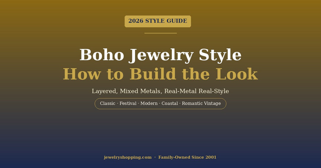 Boho jewelry style guide 2026 from Lovely Rita's showing layered necklaces, stacked rings, mixed metals, and 5 boho sub-styles for sophisticated bohemian style
