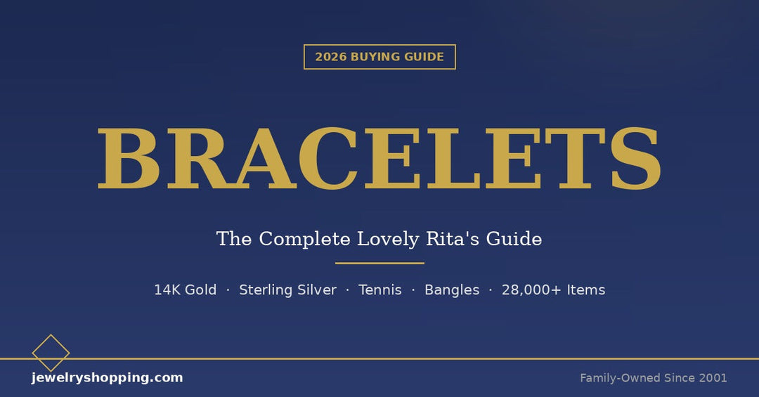 Bracelet Buying Guide 2026 from Lovely Rita's showing bracelet style options, materials and sizing in 14K gold and sterling silver