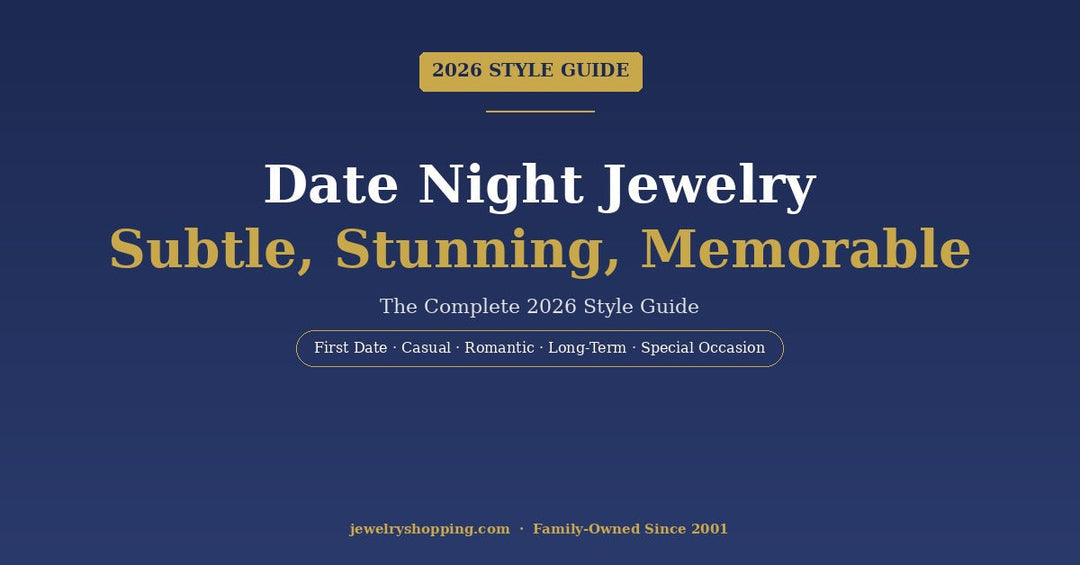 Date night jewelry guide 2026 from Lovely Rita's showing what jewelry to wear for first dates, casual nights, romantic anniversaries, and special occasion dates