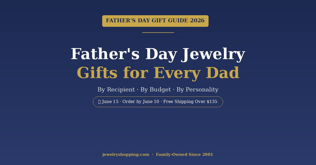 Father's Day jewelry gifts 2026 from Lovely Rita's showing the complete guide to men's jewelry gifts by recipient, budget, and category — chains, religious medals, ID bracelets, signet rings, and watches