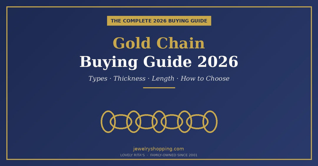 Gold chain buying guide 2026 from Lovely Rita's showing interlocking gold chain links illustration with types, thickness, and length information