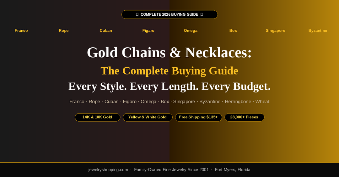 Gold chains and necklaces complete buying guide 2026 — Franco rope Cuban figaro omega box Singapore Byzantine chain styles explained by Lovely Rita's family jeweler Fort Myers Florida