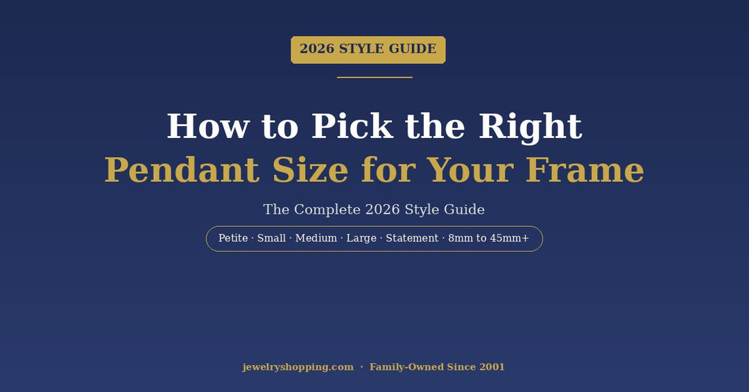 How to pick the right pendant size for your frame — 2026 style guide from Lovely Rita's showing pendant sizes from 5mm petite to 45mm statement for petite, average, tall, curvy, and slim body frames