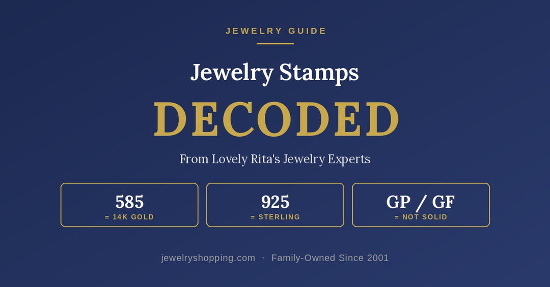 Jewelry hallmarks and stamps decoder from Lovely Rita's — what 417, 585, 750 and 925 mean on gold and sterling silver, and why GP, GF and HGE marks are not solid gold