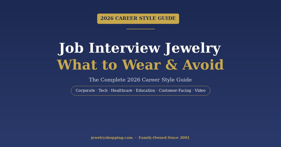 Job interview jewelry guide 2026 from Lovely Rita's showing what jewelry to wear for corporate, tech, healthcare, education, and customer-facing job interviews plus video interview considerations