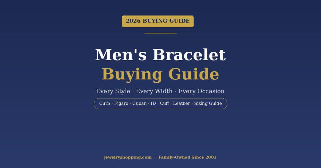 Men's bracelet buying guide 2026 from Lovely Rita's showing 6 types of men's bracelets — curb chain, figaro chain, Cuban link, ID bracelet, cuff, and leather — with sizing and width guide
