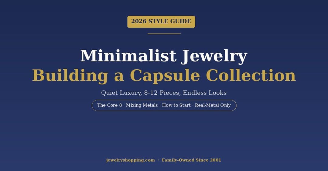 Minimalist jewelry capsule collection guide 2026 from Lovely Rita's showing the 8-12 essential pieces every refined jewelry wardrobe needs