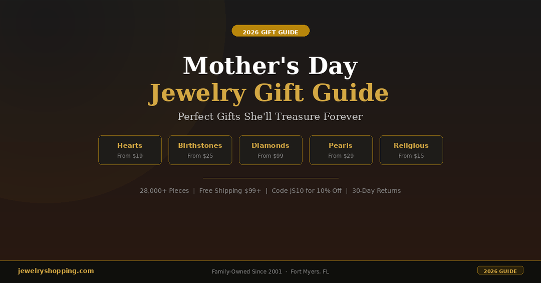 Mother's Day Jewelry Gift Guide 2026 — heart pendants, birthstone jewelry, diamonds, and pearls from Lovely Rita's JewelryShopping.com