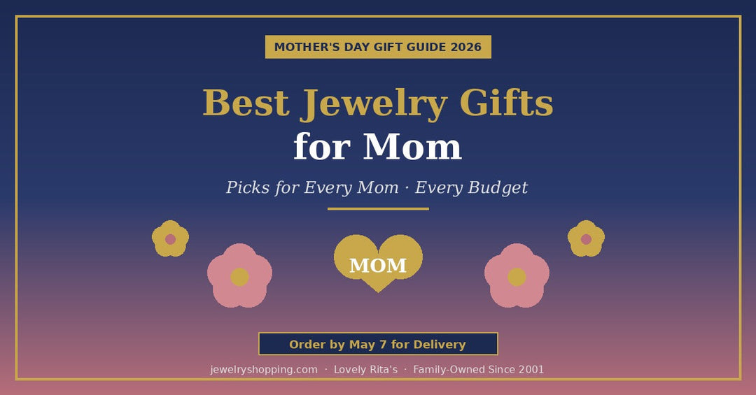 Best Mother's Day jewelry gifts 2026 from Lovely Rita's showing 14K gold mom heart pendant and floral accents with May 11 delivery deadline