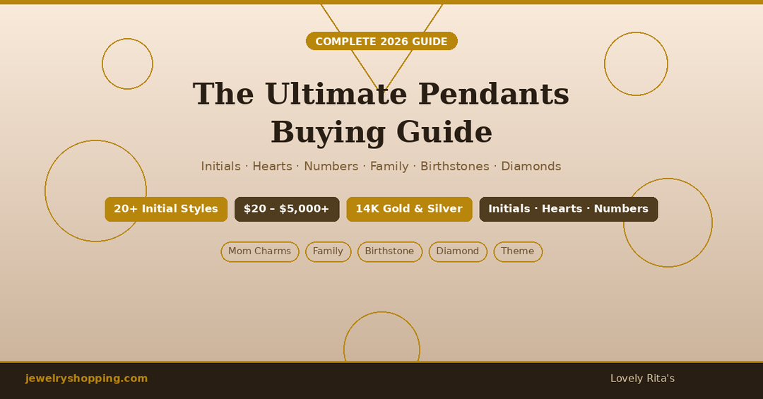 Pendants buying guide showing initial, heart, and family charm pendants in 14K gold and sterling silver - Lovely Rita's 2026 guide