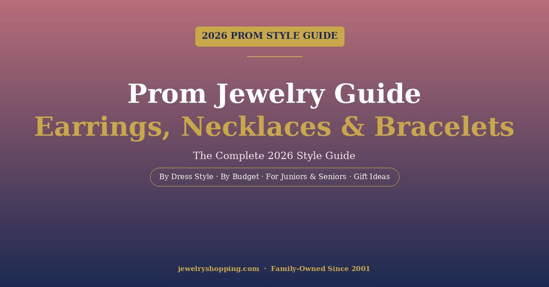 Prom jewelry guide 2026 from Lovely Rita's showing prom earrings, necklaces, and bracelets by dress style, budget tier, and class year for juniors and seniors