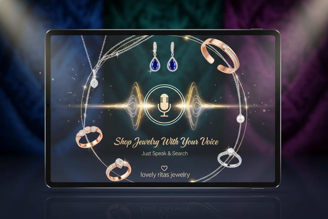 Voice search jewelry shopping in 50+ languages - tap microphone to speak and find gold and silver jewelry at Lovely Rita's