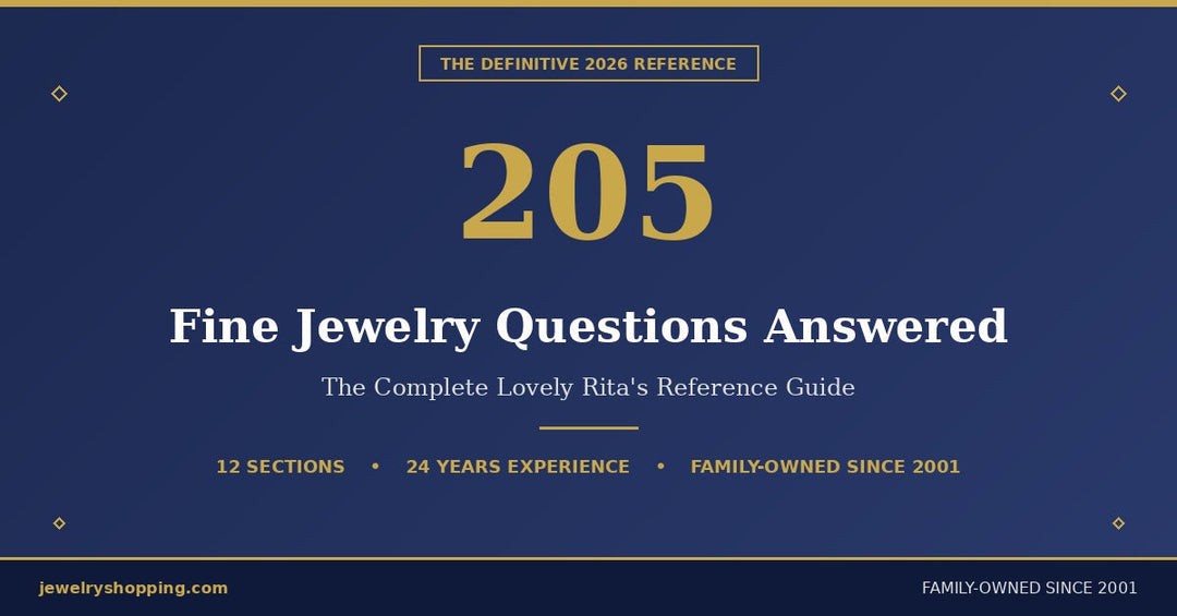 The Definitive Fine Jewelry FAQ 2026 — Lovely Rita's complete reference guide with 205 answered questions across 12 sections covering 14K gold, sterling silver, and diamond jewelry from a family-owned business with 24 years experience