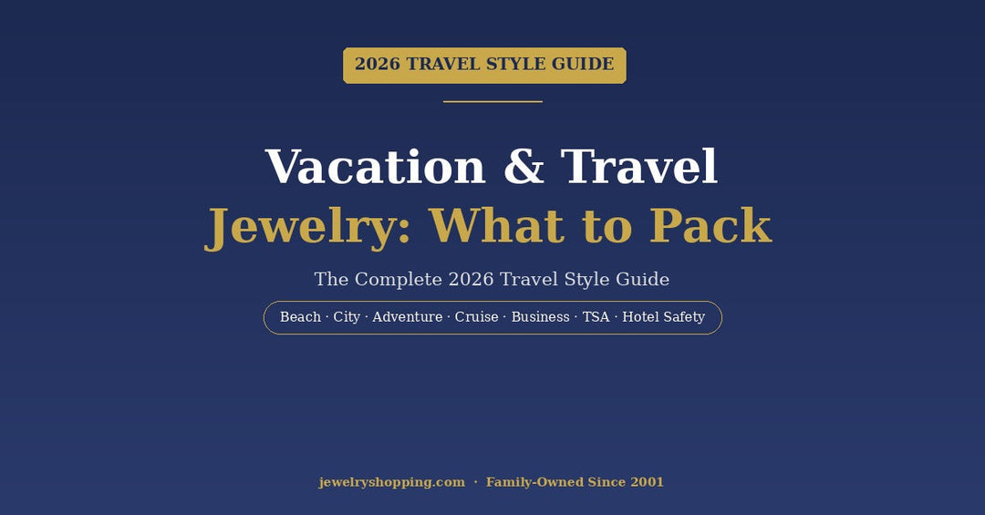 Vacation and travel jewelry guide — 2026 from Lovely Rita's showing what jewelry to pack for beach, city, adventure, cruise, and business travel plus TSA tips and hotel safety advice