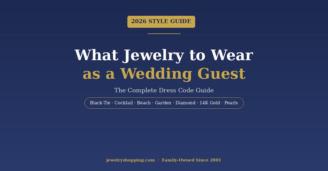 What jewelry to wear as a wedding guest — 2026 dress code guide from Lovely Rita's featuring 14K gold, sterling silver, diamond, and pearl jewelry for black-tie, cocktail, beach, and garden weddings