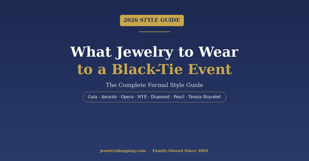 What jewelry to wear to a black-tie event — 2026 formal style guide from Lovely Rita's featuring 14K gold, diamond, pearl, and statement jewelry for galas, awards ceremonies, opera, and black-tie holiday parties