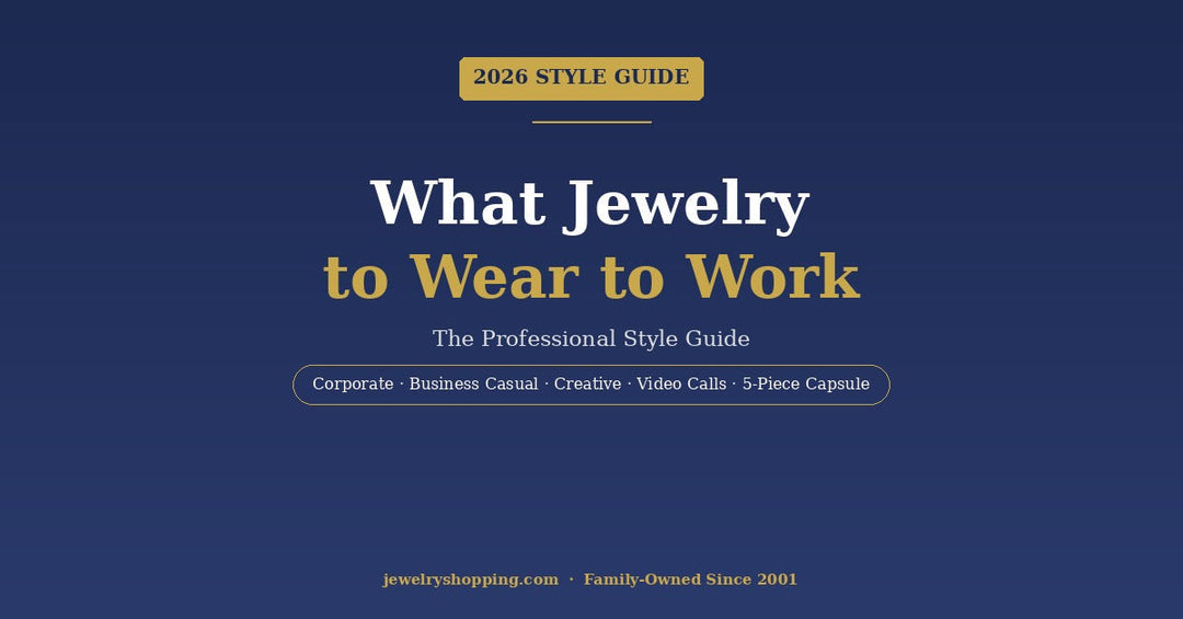 What jewelry to wear to work — 2026 professional style guide from Lovely Rita's featuring 14K gold, sterling silver, and diamond jewelry for corporate, business casual, creative offices, and video calls