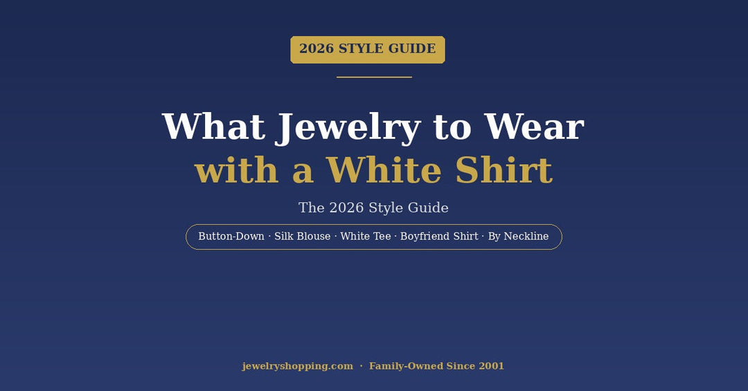 What jewelry to wear with a white shirt — 2026 style guide from Lovely Rita's featuring 14K gold, sterling silver, diamond, and pearl jewelry for crisp button-downs, silk blouses, casual tees, and oversized boyfriend shirts