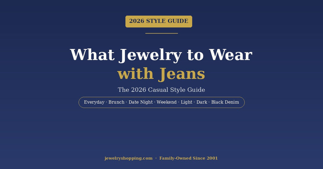 What jewelry to wear with jeans — 2026 casual style guide from Lovely Rita's featuring 14K gold, sterling silver, and diamond jewelry for everyday, brunch, date night, and weekend denim outfits across light, dark, and black washes