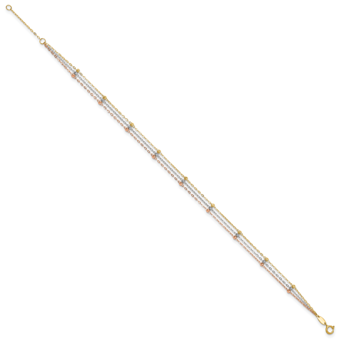 10K Tri-Color Gold 3-Strand D.C. Beaded Anklet with Extender
