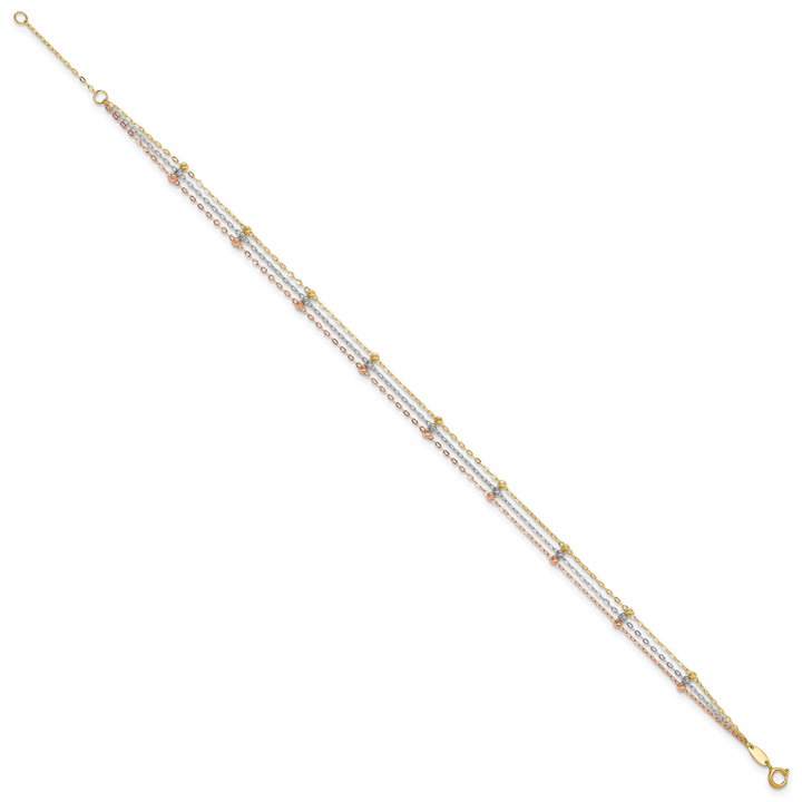10K Tri-Color Gold 3-Strand D.C. Beaded Anklet with Extender