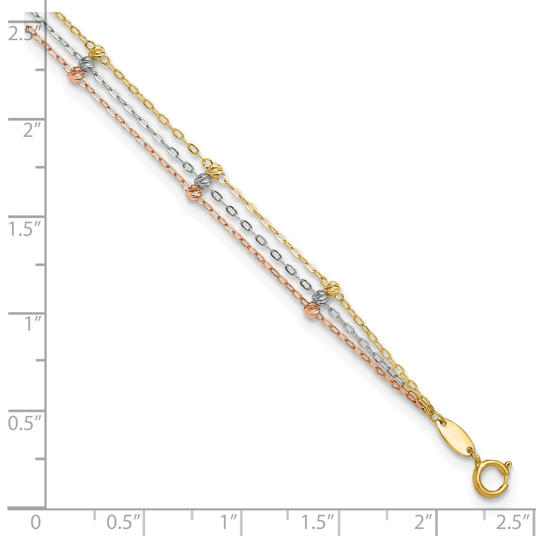 10K Tri-Color Gold 3-Strand D.C. Beaded Anklet with Extender