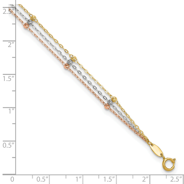 10K Tri-Color Gold 3-Strand D.C. Beaded Anklet with Extender