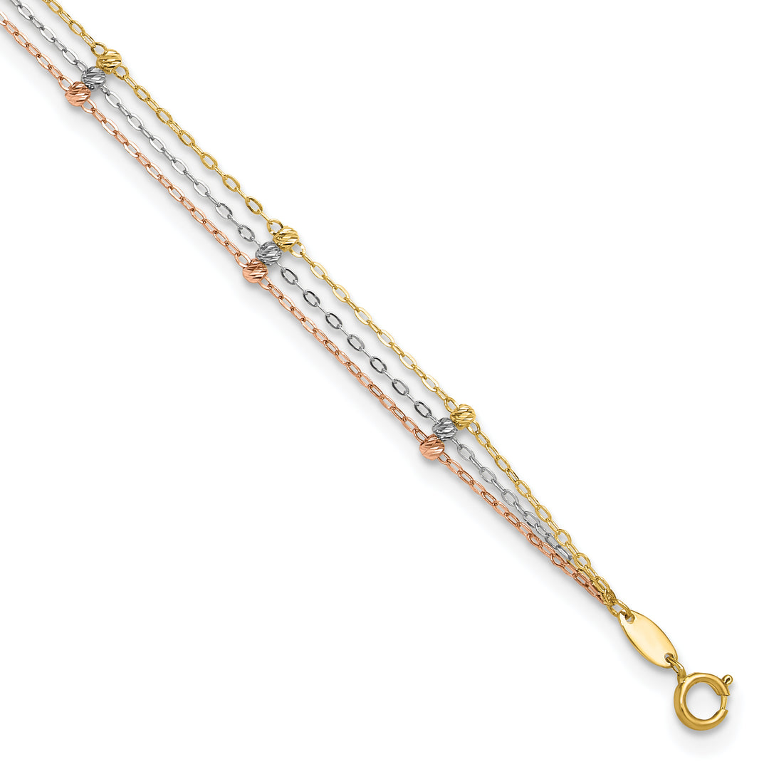 10K Tri-Color Gold 3-Strand D.C. Beaded Anklet with Extender