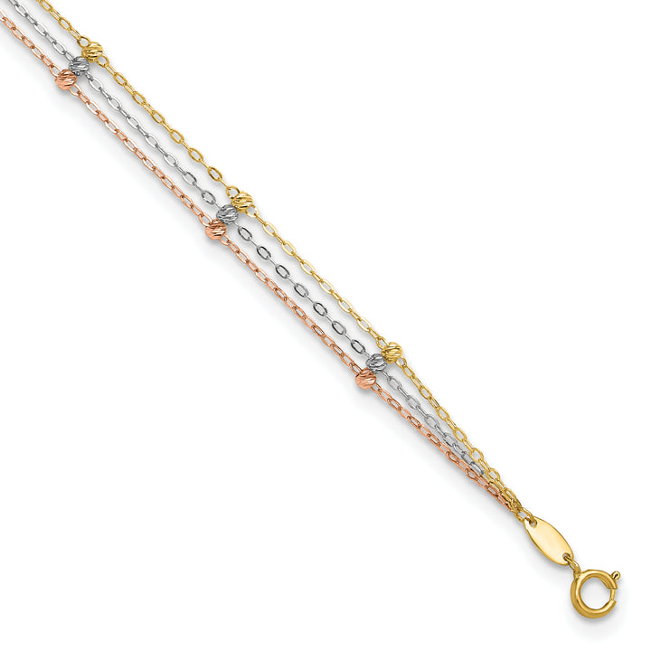 10K Tri-Color Gold 3-Strand D.C. Beaded Anklet with Extender