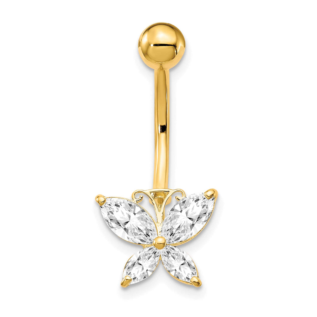 10k Yellow Gold 14 Gauge Large CZ Butterfly Belly Dangle