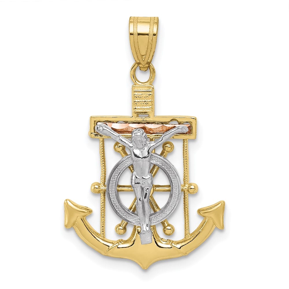 Lovely Rita's Pendants & Charms 10K Tri-Color Gold D.C. Textured Large Mariner's Crucifix Pendant