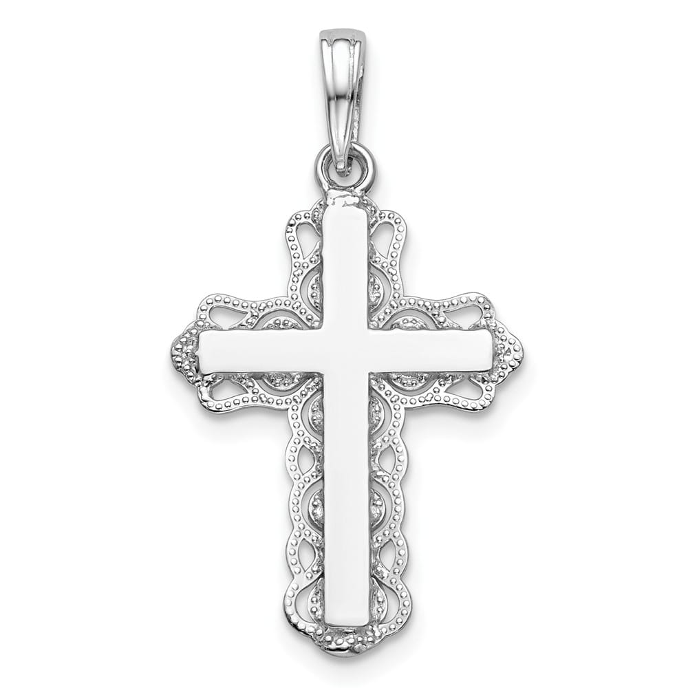 10K White Gold Polished Large Lace Trim Latin Cross Pendant