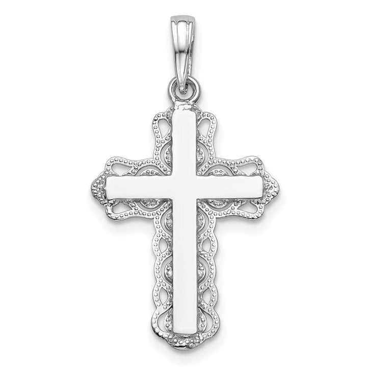 10K White Gold Polished Large Lace Trim Latin Cross Pendant