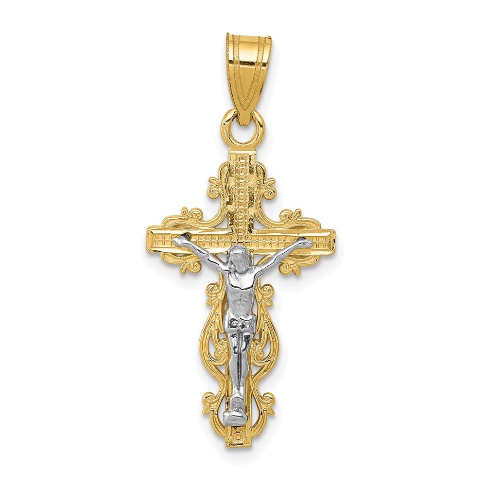 Lovely Rita's Pendants & Charms 10K Two-Tone Gold Textured Large Filigree Edge Crucifix Pendant