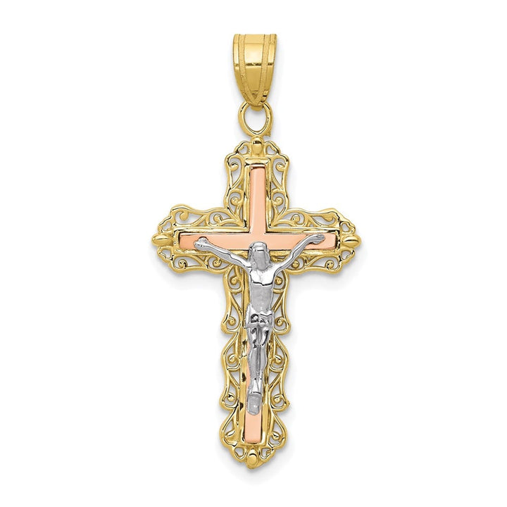 Lovely Rita's Pendants & Charms 10K Tri-Color Gold Polished D.C. Large Fleur de Lis Crucifix Pendant